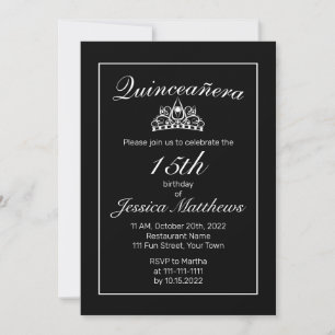 Tiara Modern Minimalist White Black Quinceañera Invitation