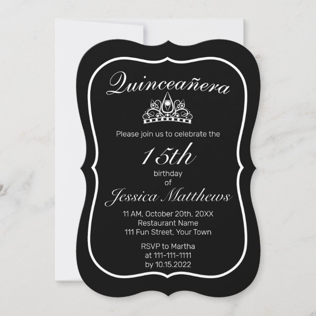 Tiara Modern Minimalist White Black Quinceañera Invitation (Front)