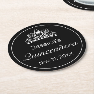 Tiara Modern Minimalist White Black Quinceanera Round Paper Coaster