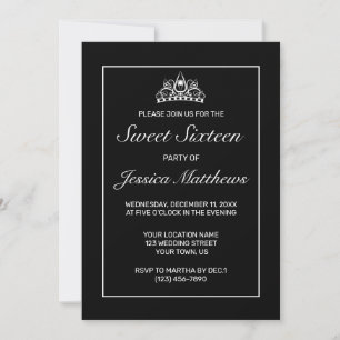 Tiara Modern Minimalist White Black Sweet 16 Invitation