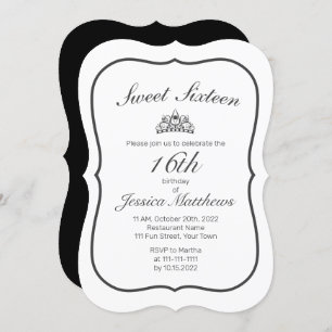 Tiara Modern Minimalist White Black Sweet 16 Invitation