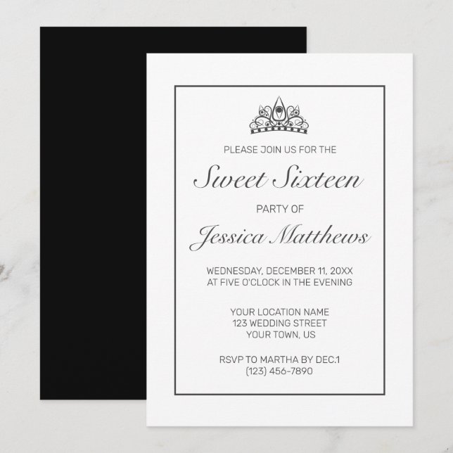 Tiara Modern Minimalist White Black Sweet 16 Invitation (Front/Back)