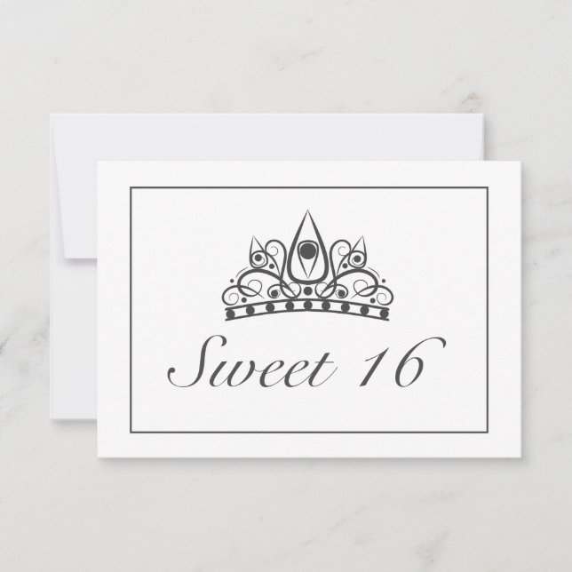 Tiara Modern Minimalist White Black Sweet 16 RSVP Card (Front)