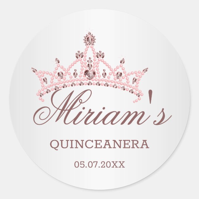 Tiara, pearls, gemstone in heart shape Quinceanera Classic Round Sticker (Front)