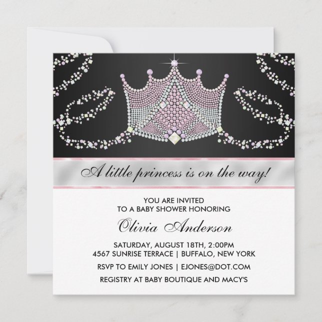 Tiara Pink Black Baby Girl Princess Baby Shower Invitation (Front)