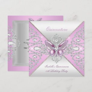 Tiara Pink Butterfly Quinceanera 15th Party Invitation