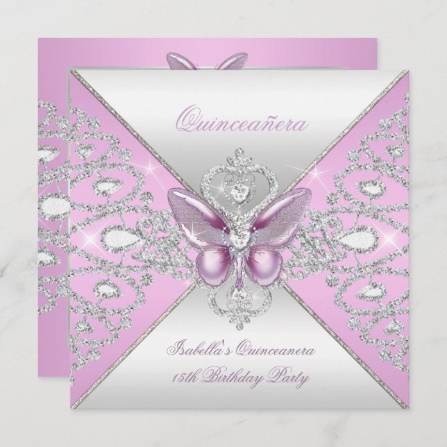 Tiara Pink Butterfly Quinceanera 15th Party Invitation (Front/Back)