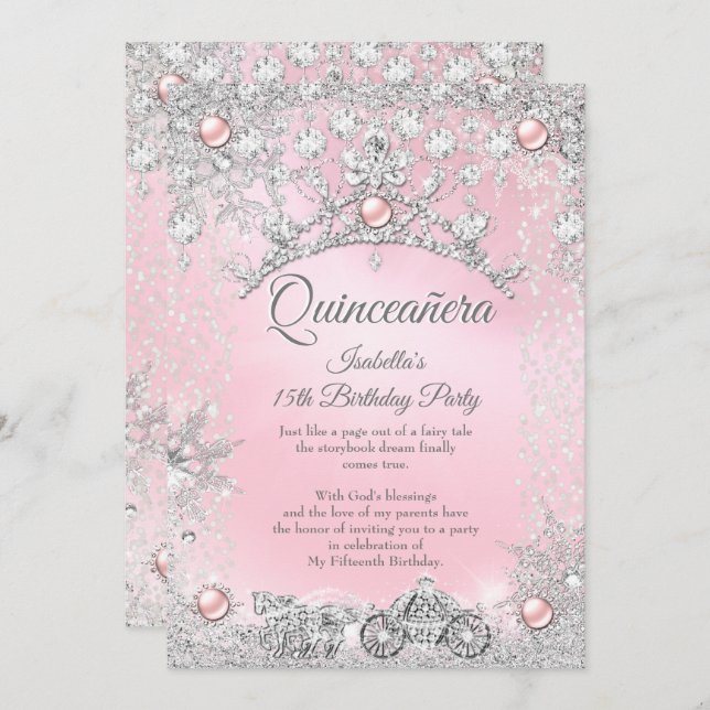 Tiara Pink Quinceanera 15th Winter Carriage Invitation (Front/Back)