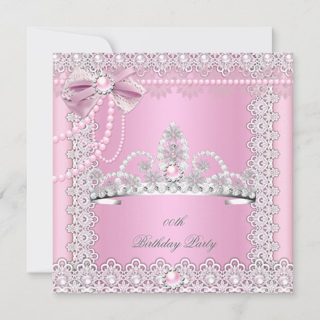 Tiara Pink White Pearls Lace Bow Birthday Party 2 Invitation (Front)