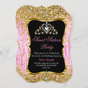 Tiara Princess Sweet 16 Pink Gold Black Invite