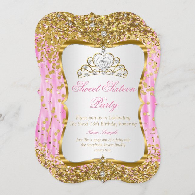 Tiara Princess Sweet 16 Pink Gold White Invite (Front/Back)