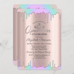 Tiara,Rainbow Drops Rose Gold Quinceañera Invitation