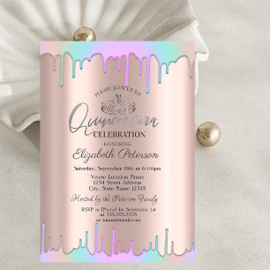 Tiara,Rainbow Drops Rose Gold Quinceañera  Invitation