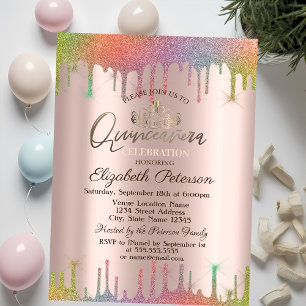 Tiara,Rainbow Glitter Drops Quinceañera Invitation