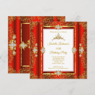 Tiara Red Damask Gold White Birthday Party Invitation