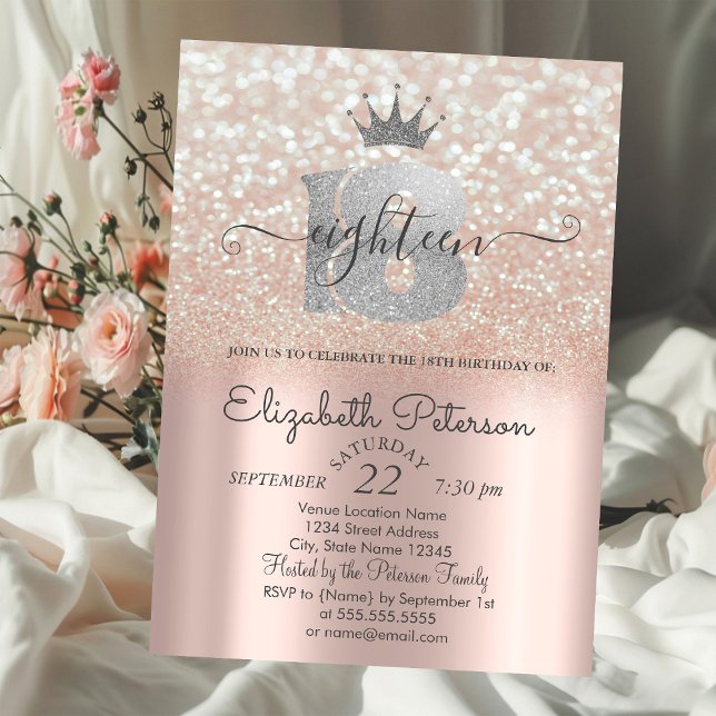 Tiara,Rose Gold Glitter Bokeh 18th Birthday Party Invitation (Creator Uploaded)
