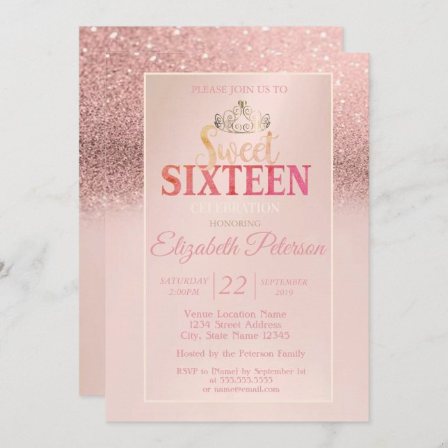 Tiara,Rose Gold Glitter Bokeh Ombre Sweet 16 Party Invitation (Front/Back)