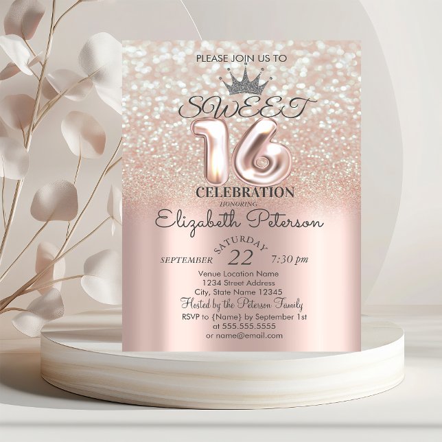 Tiara,Rose Gold Sweet 16 Glitter Bokeh Ombre Party Invitation (Creator Uploaded)