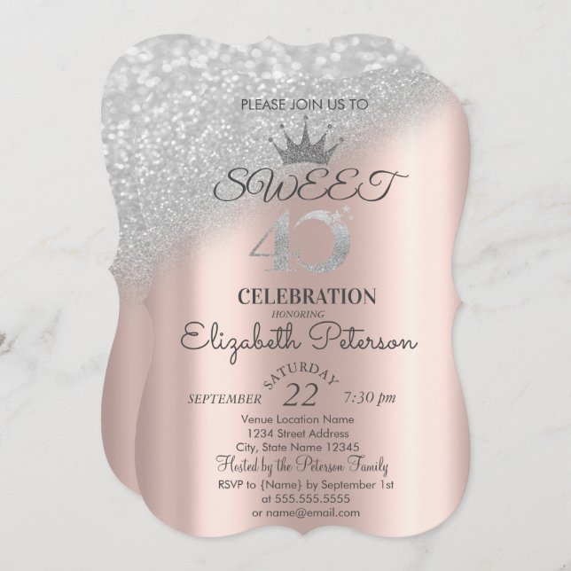 Tiara,Rose Gold Sweet 40th Glitter Bokeh Ombre  Invitation (Front/Back)