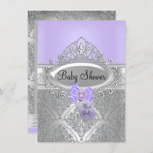 Tiara & Silver Damask Purple Baby Shower Invite