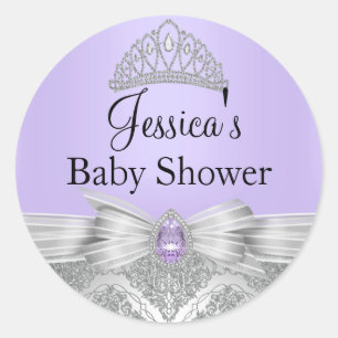 Tiara & Silver Damask Purple Baby Shower Sticker