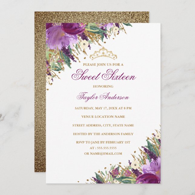 Tiara Sparkle Amethyst Purple Floral Sweet Sixteen Invitation (Front/Back)