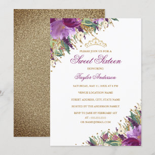 Tiara Sparkle Amethyst Purple Floral Sweet Sixteen Invitation