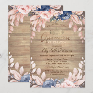 Tiara,String Lights,Blue Flowers Wood Quinceañera  Invitation