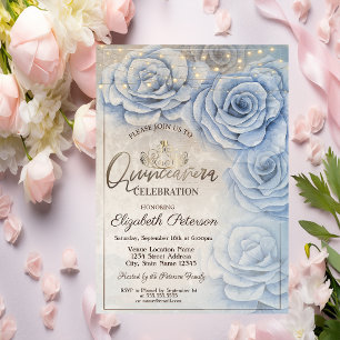 Tiara,String Lights Blue Roses Quinceañera Invitation