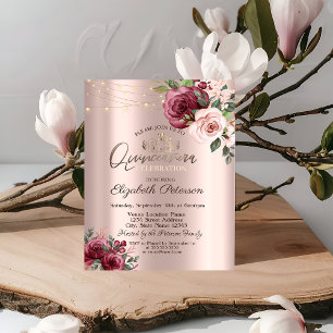 Tiara,String Lights Burgundy Roses Quinceañera Invitation