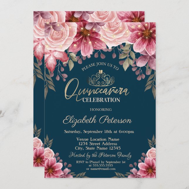 Tiara,String Lights Flowers Navy Blue Quinceañera  Invitation (Front/Back)