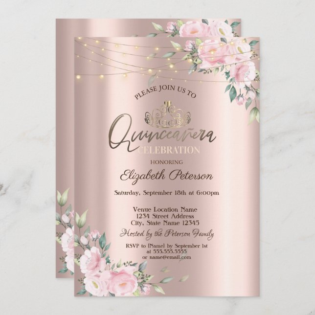 Tiara,String Lights Flowers Roses Quinceañera  Invitation (Front/Back)