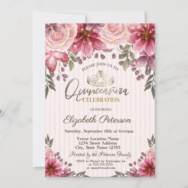 Tiara,String Lights Flowers Striped Quinceañera Invitation (Front)