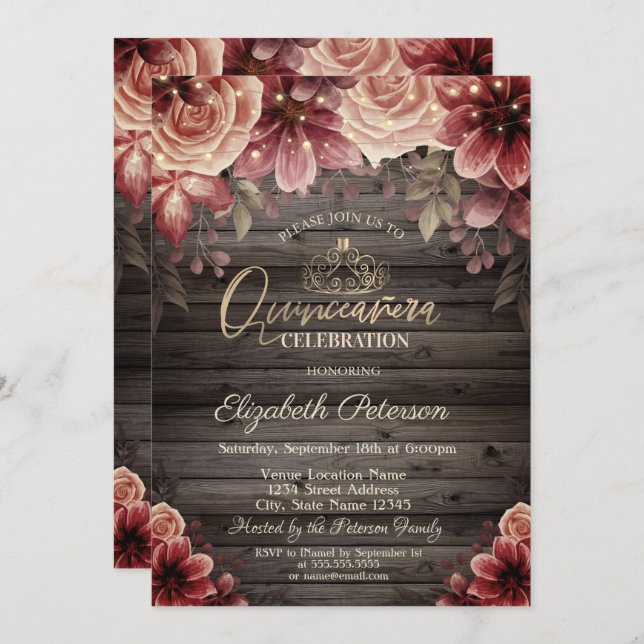 Tiara,String Lights Flowers  Wood Quinceañera  Invitation (Front/Back)