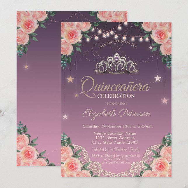 Tiara,String Lights,Lace,Roses Quinceañera Invitation (Front/Back)