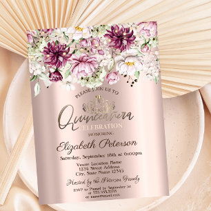 Tiara,String Lights,Pink Flowers Quinceañera Invitation