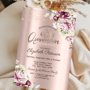 Tiara,String Lights Pink Flowers Quinceañera  Invitation