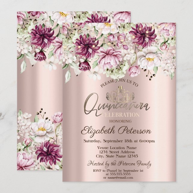 Tiara,String Lights,Pink Flowers Quinceañera Invitation (Front/Back)