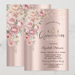Tiara,String Lights Pink Roses Quinceañera Invitation