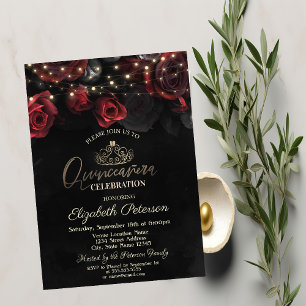 Tiara,String Lights Roses Black Quinceañera  Invitation
