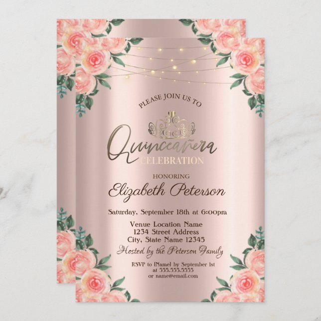 Tiara,String Lights Roses Quinceañera Invitation (Front/Back)