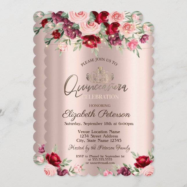 Tiara,String Lights,Roses, Rose Gold Quinceañera Invitation (Front/Back)