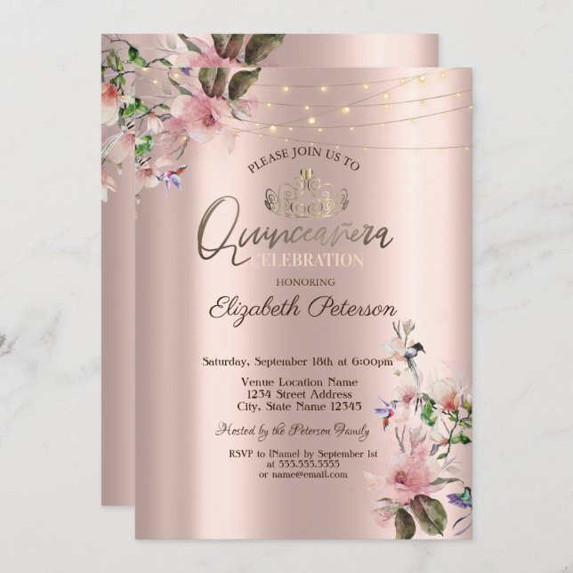 Tiara,String Lights Spring Flowers Quinceañera Invitation (Front/Back)