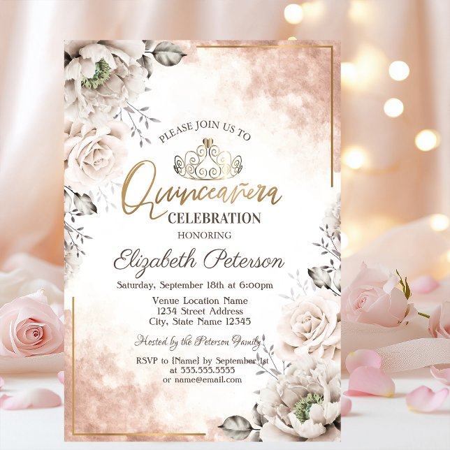 Tiara,White Flowers Quinceañera  Invitation (Creator Uploaded)