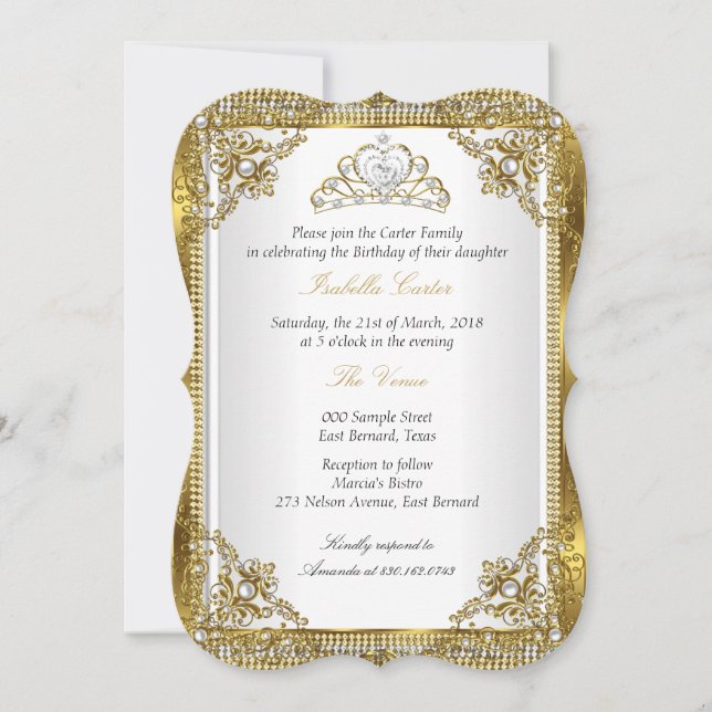 Tiara White Gold Pearl Damask Birthday Party 2 Invitation (Front)