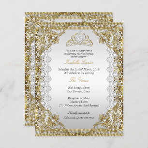 Tiara White Gold Pearl Lace Damask Birthday Party Invitation