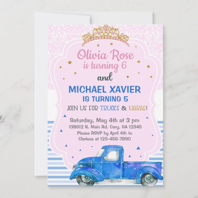 Tiaras and trucks siblings invitation. invitation (Front)