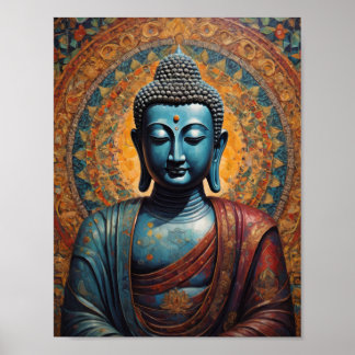 Tibetan Buddha meditating over gold background Poster