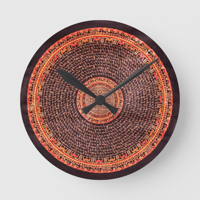 Tibetan Mandala Art (Black, Gold, Red, Yellow) Round Clock (Front)