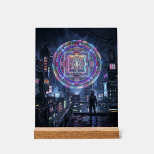 Tibetan Mandala Illuminating the Night: Cyberpunk Acrylic Sign